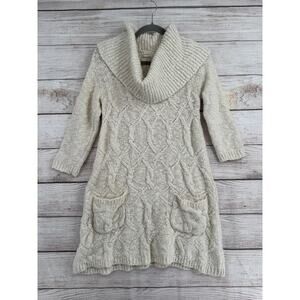 Sleeping on Snow Cable Knit Turtleneck Tunic Sweater Dress Womens M Cream Ivory